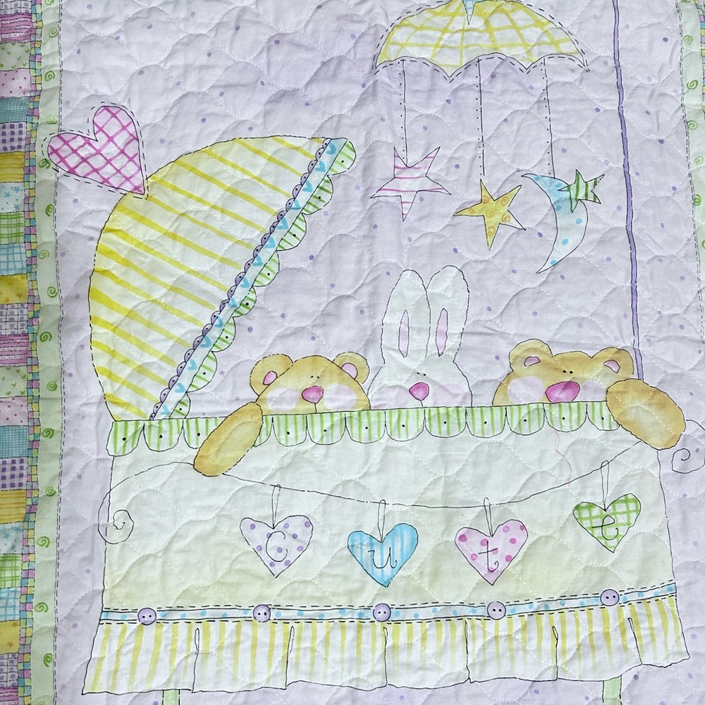 Multicoloured Sweet Dreams Baby Quilt Bear Bunny on the Crib Blanket 39”x33”‎